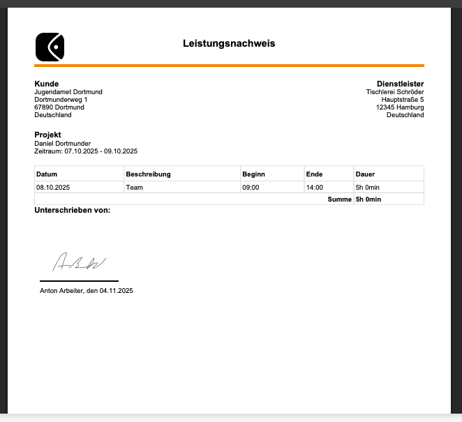 TrackInn Leistungsnachweis mit digitaler Unterschrift