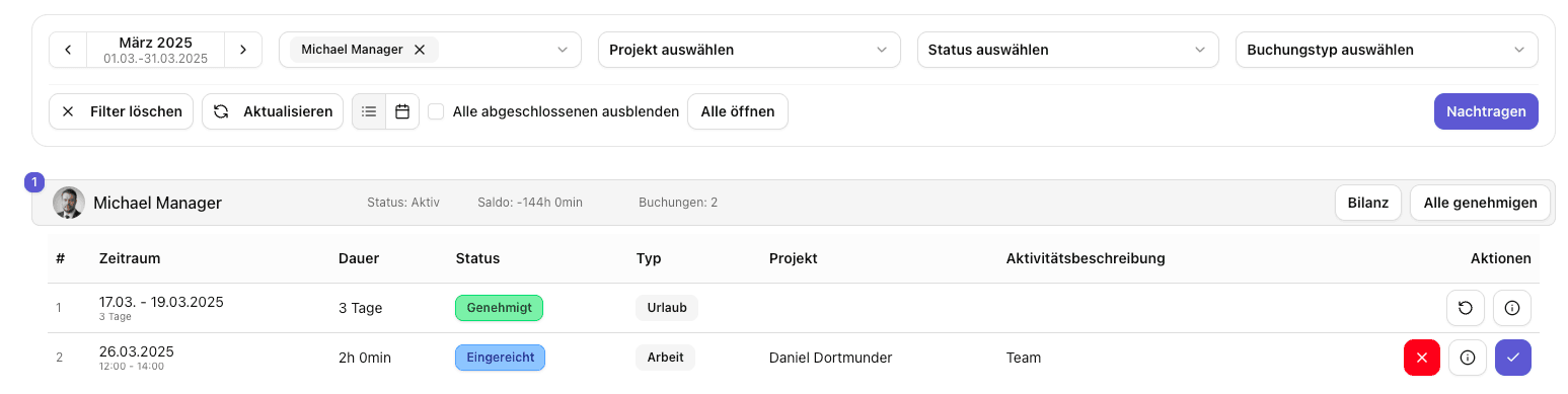 Screenshot: Genehmigungsübersicht mit Checkbox-Auswahl für Bulk-Genehmigung