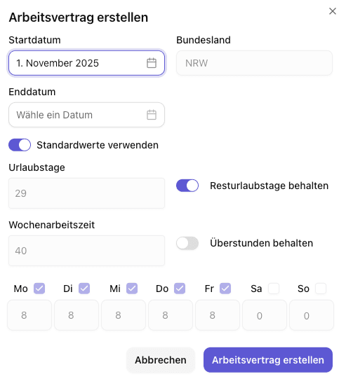 Screenshot: Arbeitsvertragsformular mit allen Feldern