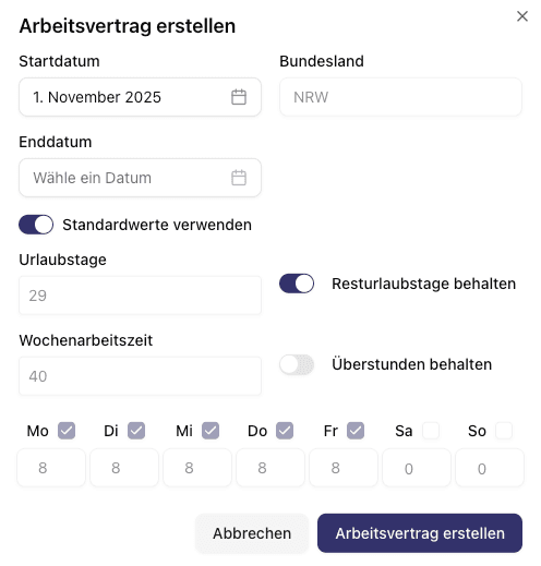 Screenshot: Arbeitsvertragsformular mit allen Feldern