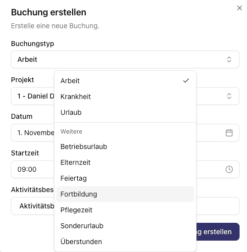 Screenshot: Dropdown-Liste mit allen 11 Buchungsarten