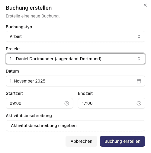 Screenshot: Buchungsmaske mit Kalenderansicht und verschiedenen Buchungsarten