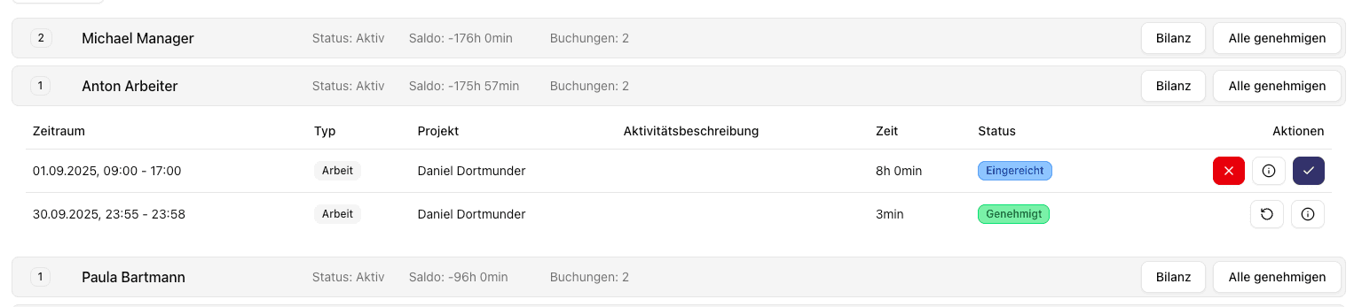 Kalenderansicht mit Genehmigungsübersicht und Checkbox-Auswahl