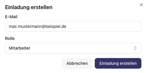 Screenshot: Einladungsformular mit E-Mail-Eingabe