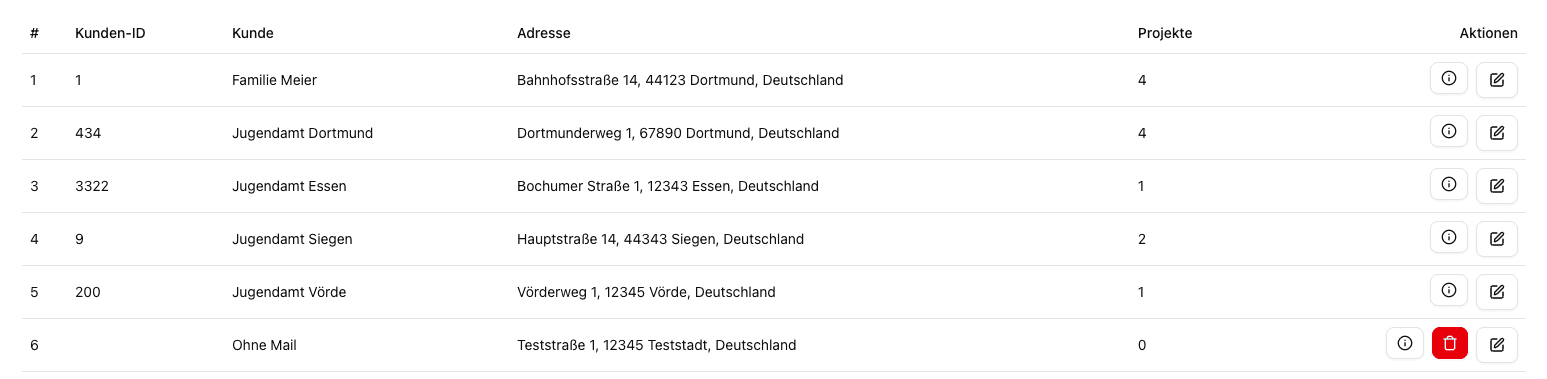 Screenshot: Kundenliste mit Kontaktdaten und Projektanzahl