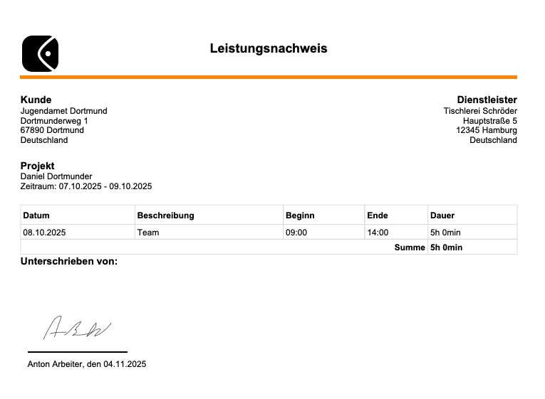 Screenshot: Nachweisdetail mit PDF-Vorschau und Unterschriftsbereich