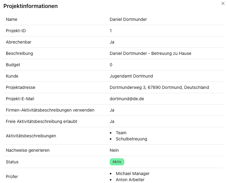 Screenshot: Projektdetailansicht mit allen Feldern