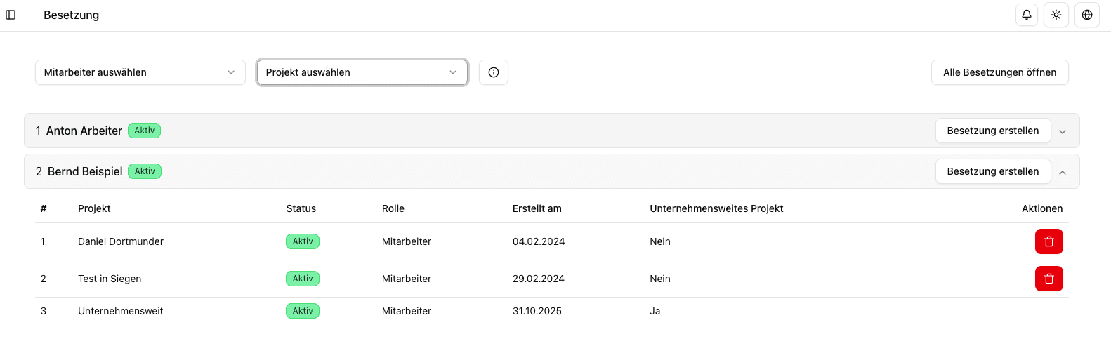 Screenshot: Besetzungsübersicht mit Mitarbeiter-Projekt-Zuordnungen