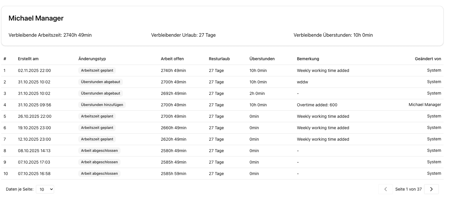 Screenshot: Zeitkontodetails mit Historie und Anpassungen