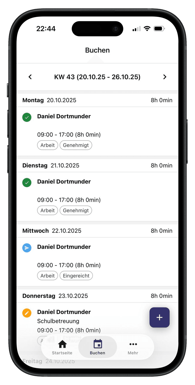 Buchungsmaske mit Wochenübersicht in der TrackInn App