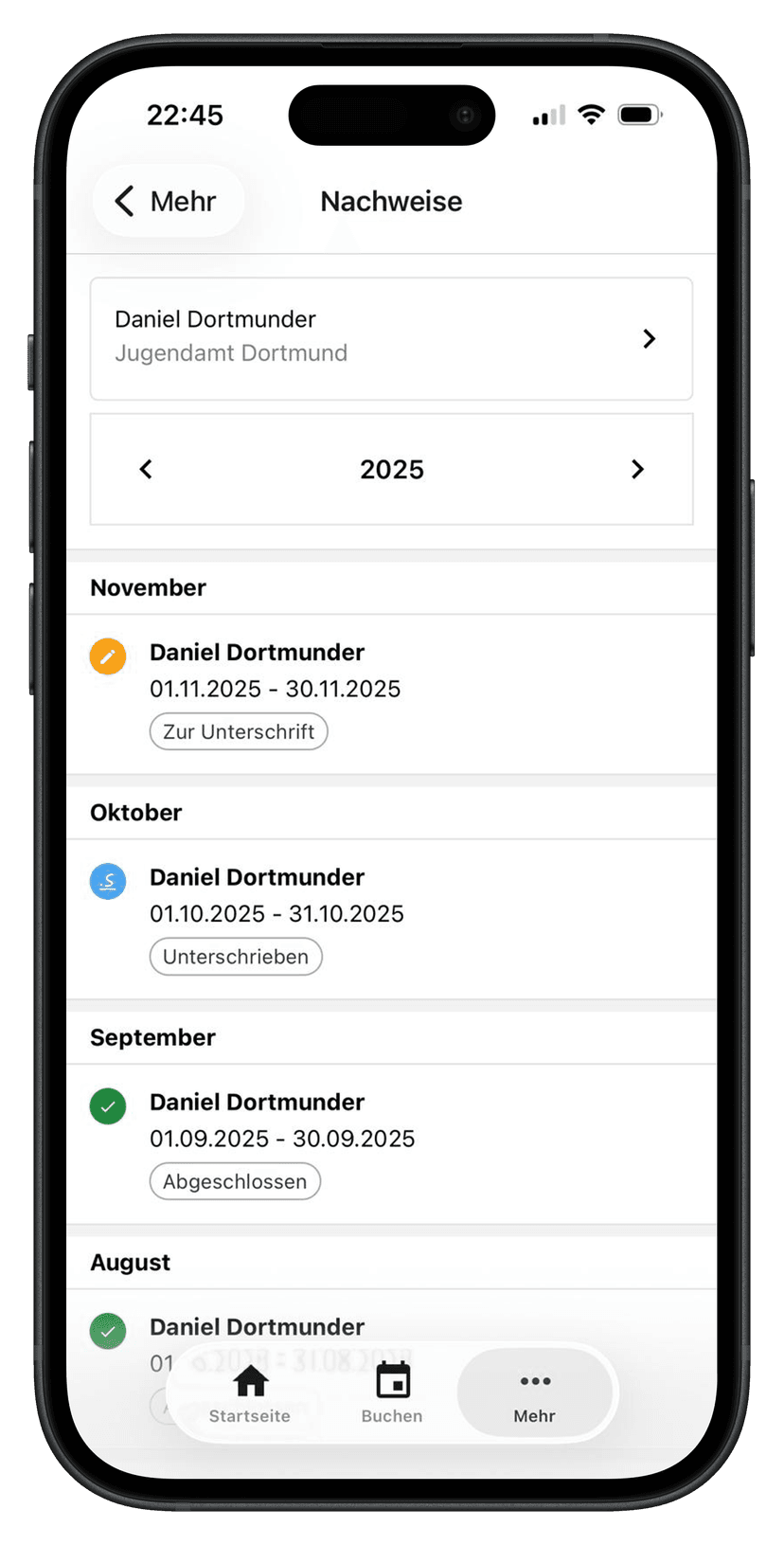 Nachweisliste in der TrackInn Mobile App