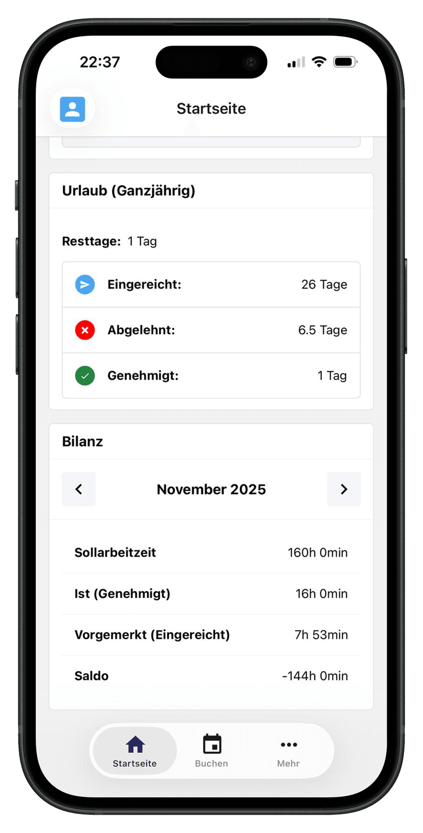 App-Startseite mit Aufgaben und Monatsbilanz