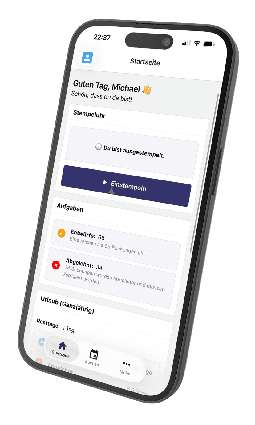TrackInn Mobile App Startseite mit Stoppuhr und Aufgaben